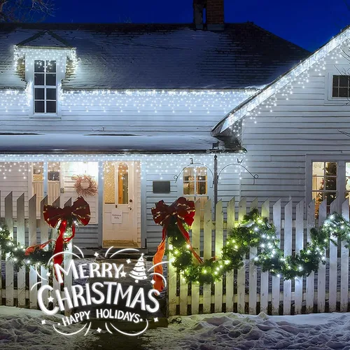 Vista 7 de oopswow 200 luces LED de carámbano de 16.5 pies para exteriores, cortina de carámbano blanca, 40 gotas, 8 modos con temporizador, luz de estrella