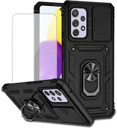 Vista 10 de Funda para Galaxy A53 5G, Samsung A53 5G SM-A536U con protector de pantalla de vidrio templado y cubierta de cámara deslizante, anillo magnético Oro