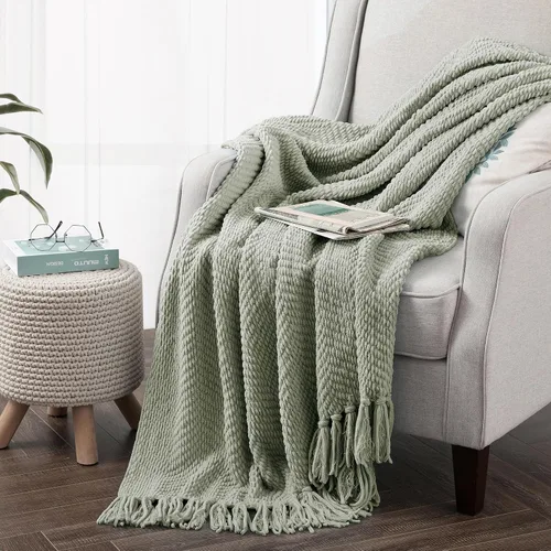 Vista 12 de Manta de punto suave con textura para sofá, manta de tweed crema con borlas de flecos para decoración del hogar, cama, sofá, silla, 50 x 60 Blanco