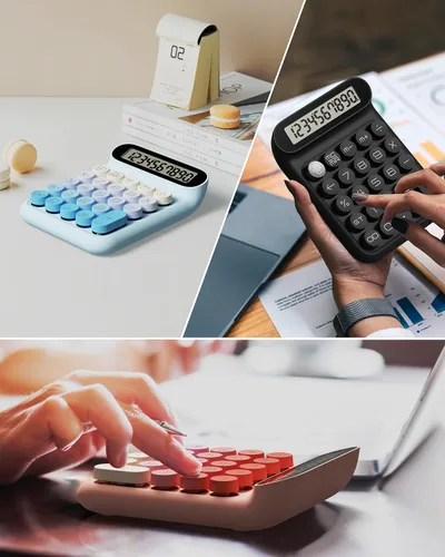 Vista 6 de Calculadora de interruptor mecánico, JS05, calculadora básica de escritorio de 10 dígitos para oficina, escuela, hogar, uso comercial (rosa)