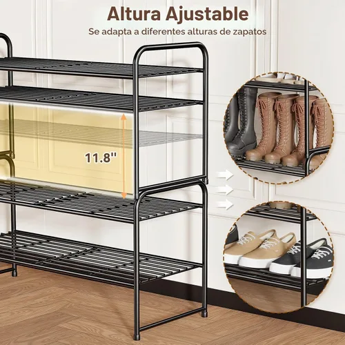 Vista 4 de Zapatero estándar de 2 niveles de 32.5 pulgadas de ancho, organizador de zapatos independiente para interiores y exteriores, estante de metal Negro