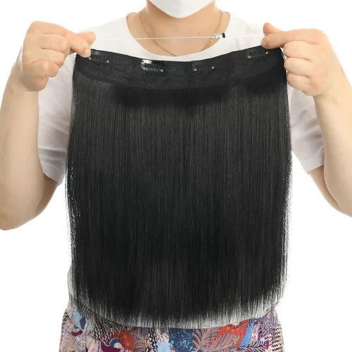 Vista 2 de Extensiones de cabello humano de 14 pulgadas, color negro, largo, lacio, alambre invisible con alambre transparente, 4 clips de seguridad