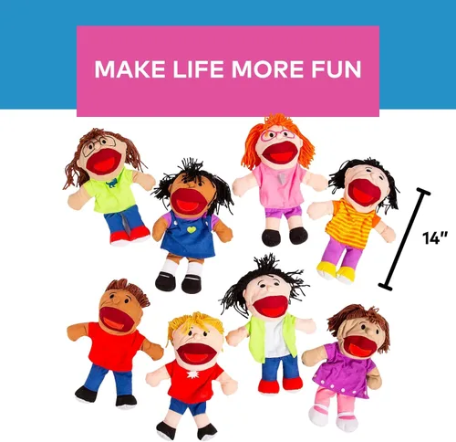 Vista 3 de Fun Express – Muñecos de felpa Happy kids Colección multiétnica (1 paquete de 8), Multicolor Peluche con bocas móviles, terapia del habla