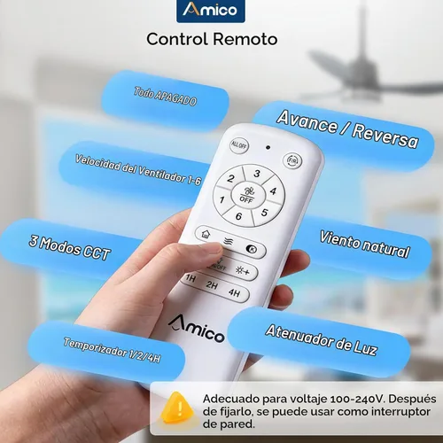 Vista 4 de Amico Ventiladores de techo para exteriores de 36 pulgadas con luces para patios, ventilador de glorieta impermeable IP65, control remoto, 3CCT, 6