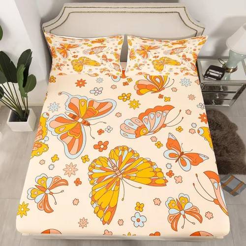 Vista 28 de Juego de ropa de cama con diseño floral bohemio, tamaño individual, diseño retro de flores groovy, 60S y 70S, diseño de flores hippie para niños