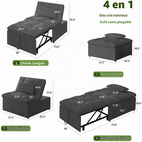 Vista 2 de Silla Cama Convertible 4 en 1 con Respaldo Ajustable, Almohadas, Sofá Cama Futón con Bolsillo Lateral, Silla Sofá Cama Desplegable, Sofás