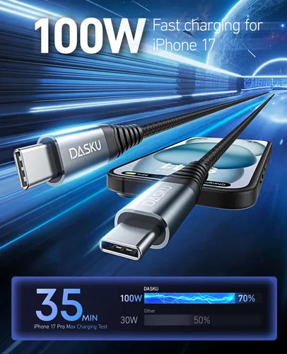 Vista 51 de Dasku iPhone 17 USB C a USB C de carga rápida, 60 W (3.1 A), paquete de 2 cables cargador de carga de 3 pies tipo C para iPhone 17/16/15/15 Plus/15