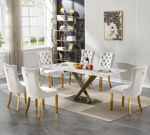 Vista 16 de Juego de 5 mesas de comedor, juego de mesa de cocina y comedor para 4, mesa de cocina rectangular de mármol sintético blanco de 47 pulgadas con base