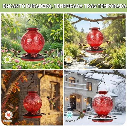 Vista 8 de Comedero de vidrio para colibríes para colgar al aire libre, comedero de néctar de colibrí de 25 onzas con perca y 5 puertos de alimentación de Rojo