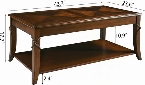 Vista 2 de Mesa de centro de madera maciza con estante de almacenamiento, mesa de sala de estar de mediados de siglo con mesa y patas talladas en madera, mesa