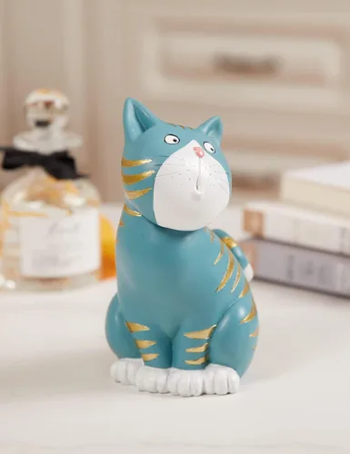 Vista 3 de SEINHIJO Estatua de gato, escultura de animal, decoración moderna, arte de regalo para el hogar, dormitorio, sala de estar, poliresina, azul, 6.0