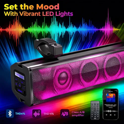 Vista 2 de Barra de sonido UTV de 25 pulgadas, Bluetooth impermeable con iluminación RGB, altavoz Bluetooth con IP65 impermeable, sonido amplificado de 500 W