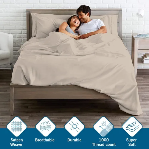 Vista 3 de Saaz Linen Juego de sábanas de 4 piezas, 100% algodón egipcio de 1000 hilos, bolsillo profundo de 16 pulgadas, suave, colección de ropa de cama