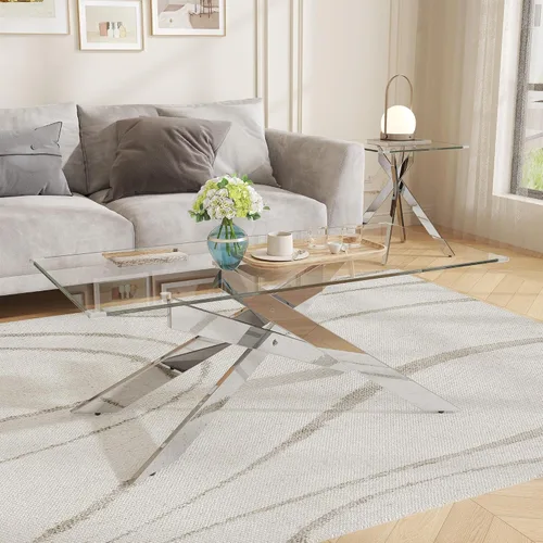 Vista 11 de Mesa de centro de cristal de 47 pulgadas con parte superior de vidrio templado y patas de metal dorado, mesa central rectangular moderna para sala