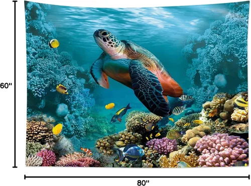 Vista 8 de HVEST Tapiz de tortuga marina para colgar en la pared, peces tropicales y coral en mundo submarino para dormitorio, océano azul, paisaje natural