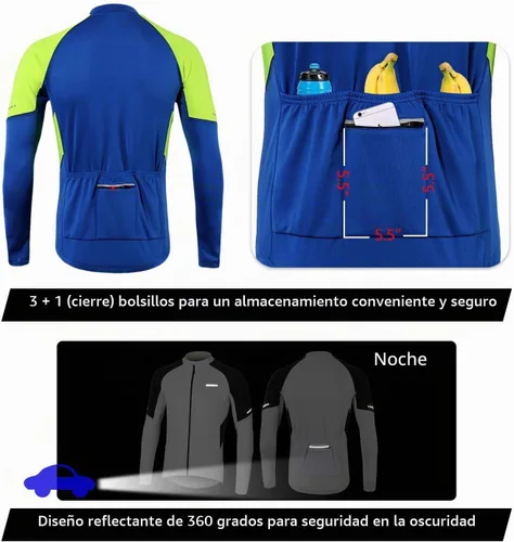 Vista 6 de BERGRISAR Hombres Básico Ciclismo Jerseys Manga Larga Bicicleta Bicicleta Camisa Cremallera Bolsillos BG012 Azul oscuro