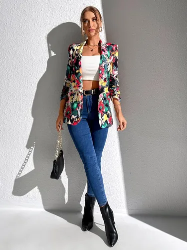 Vista 5 de WDIRARA Blazer de manga larga con cuello de chal abierto y un botón para mujer