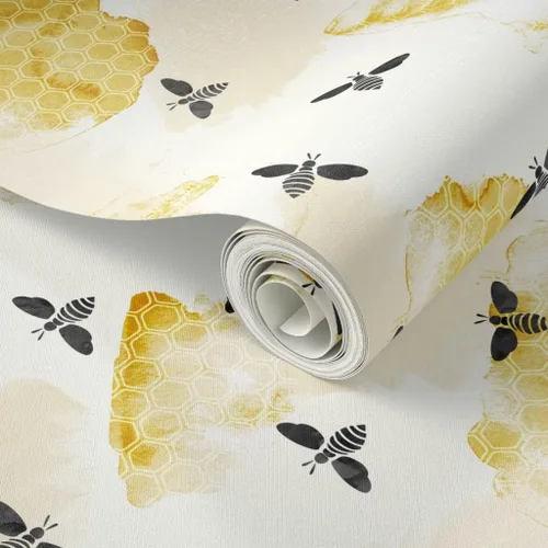 Vista 2 de Spoonflower Papel tapiz autoadhesivo de 3 x 2 pies – Abeja verano jardín acuarela miel oro negro nido de abeja insectos colmena abeja abejas papel