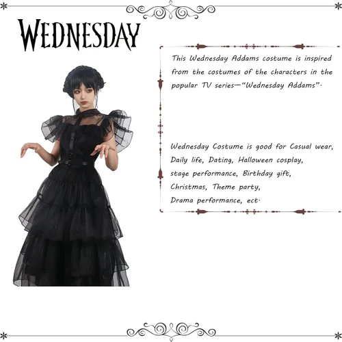 Vista 6 de CFNRHEOU Wednesday Addams Dress for Kids Girls,Family Party Dress Up Cosplay Outfit Gothic Dress Halloween Costumes with Hair