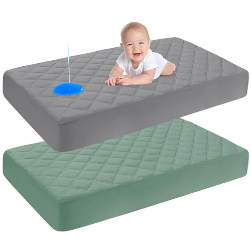 Vista 9 de Yoofoss Protector de colchón impermeable para cuna, paquete de 2, funda acolchada para colchón de cuna, ultra suave y transpirable, lavable a