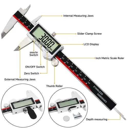Vista 6 de Calibre digital, herramienta de medición de calibre de acero inoxidable impermeable IP54, pinza Vernier con pantalla LCD enorme, función de apagado