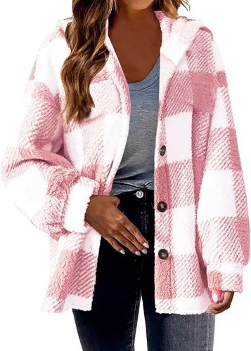 Vista 2 de YAFINMO Womens Fuzzy Plaid Shacket Jacket Furry 2024 Spring Long Sleeve Button Down Warm Coats Fleece Lined Jackets