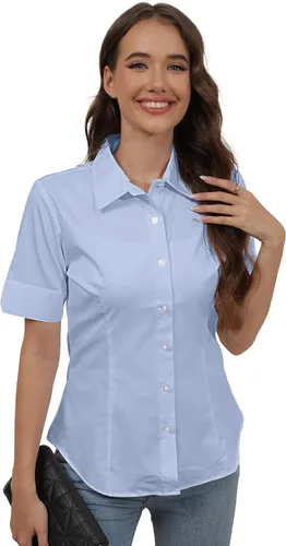 Vista 13 de SUNNOW Camisas de manga corta con botones para mujer, básicas, simples, elásticas, sin arrugas, blusas formales de trabajo