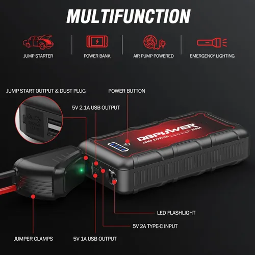 Vista 6 de DBPOWER Arrancador de auto portátil 2500A pico 74Wh (motores de hasta 10L de gasolina/8L de diésel) 12V paquete de batería portátil con cables