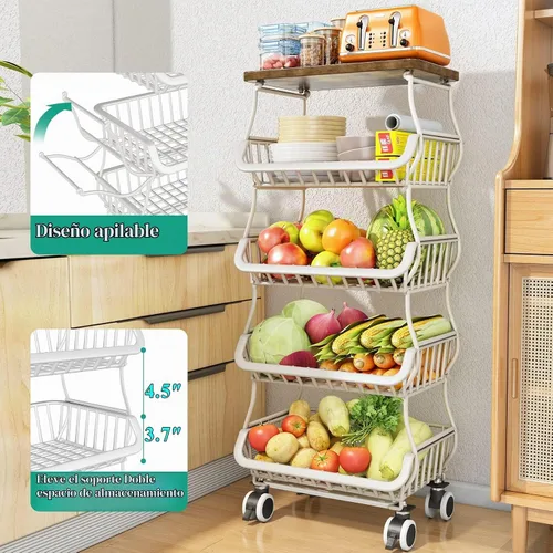 Vista 2 de SAYZH 5-Tier Fruit and Vegetable Basket Stand for Kitchen, Wood Top, White Blanco