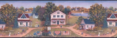 Vista 2 de Chesapeake Retro American Village Flags Lake - Papel tapiz patriótico, diseño retro, rollo de 15 x 8 pies, 120 pies cuadrados, vinilo prepegado