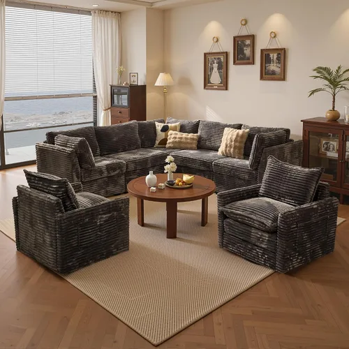 Vista 22 de Sofá seccional modular, conjunto de sofá en forma de L de 98" para sala de estar, 4 asientos cómodos tipo nube con sillas giratorias, combinación