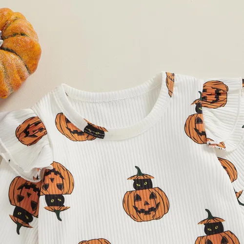 Vista 3 de Mandizy Ropa de bebé de Halloween para niña, conjunto de falda con tirantes de calabaza, fantasma, manga larga, mameluco de pana, vestido de overol