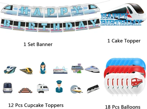 Vista 6 de Decoraciones de fiesta de tren de alta velocidad, suministros de fiesta de cumpleaños de tren bala, incluye pancarta de tren de alta velocidad