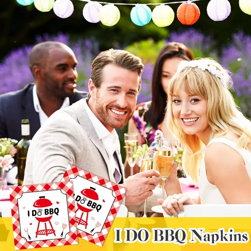 Vista 7 de Gueevin 100 servilletas de cóctel I Do BBQ, decoraciones de barbacoa rojo y blanco, servilletas a cuadros de papel desechable para bodas, despedidas