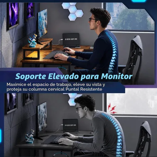 Vista 5 de DEVAISE Escritorio compacto para juegos en forma de L de 43 pulgadas con luces LED, marrón rústico