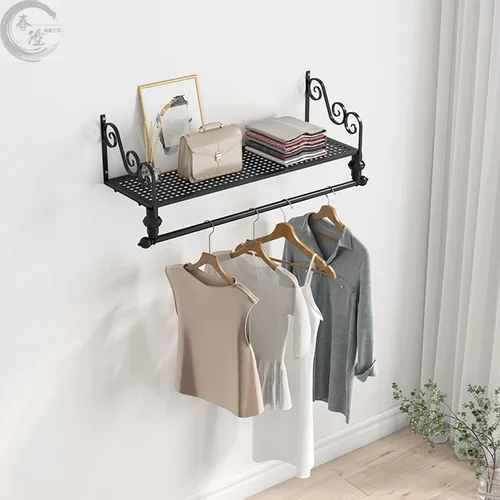Vista 4 de SKVLF Perchero moderno montado en la pared con estante superior, perchero para ahorrar espacio, negro, 60x27CM, hierro
