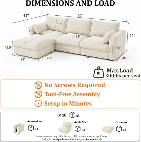 Vista 2 de Sofá modular Cloud modular con almacenamiento, sofá nube profundo de gran tamaño, sofá beige para sala de estar, sofá en forma de L de 99 pulgadas