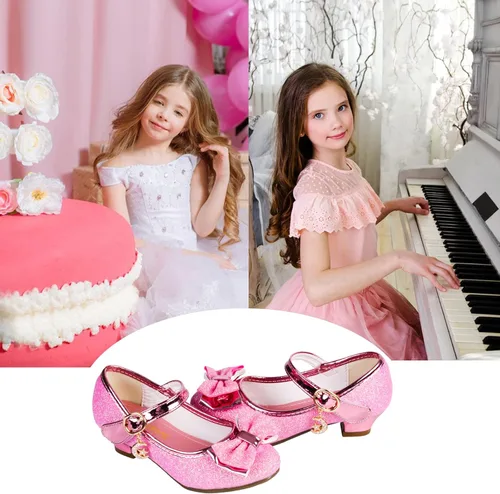 Vista 6 de TANDEFLY Zapatos de vestir para niñas, Mary Jane, boda, fiesta, talón, lazo con purpurina, zapatos de princesa con flores para niños pequeños