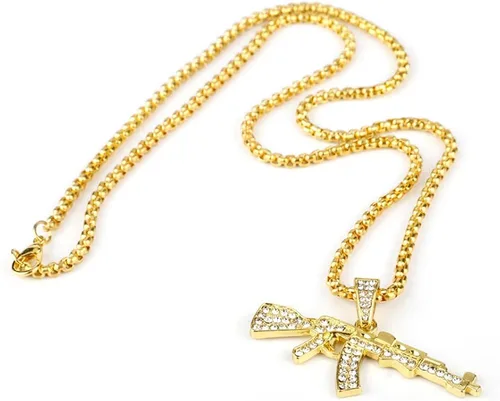 Vista 4 de HEYu jewelry Fashion Hip-Hop Gold Necklace ICED AK-47 Rifle Shape Army Style Gun Pendent Necklace For Men Women