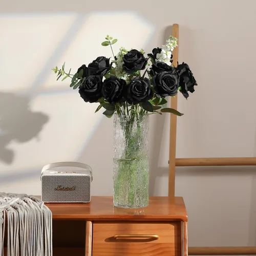 Vista 2 de Hawesome - Ramo de 12 rosas artificiales de seda con tallo largo para decoración del hogar, boda, fiesta (Negro-1)