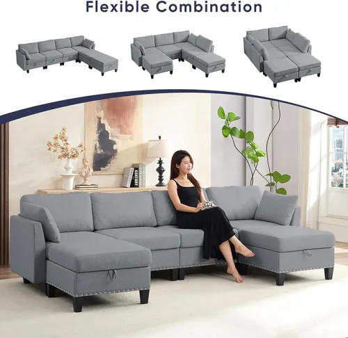 Vista 7 de ijuicy Sofá modular convertible de 110 pulgadas con asientos de almacenamiento y 2 otomanas móviles, sofá modular en forma de U de 6 asientos