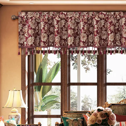 Vista 22 de Loom and Mill Cenefas de jacquard de lujo para ventana de sala de estar, elegante cenefa de cortina de damasco beige con ribete de cuentas, cortina