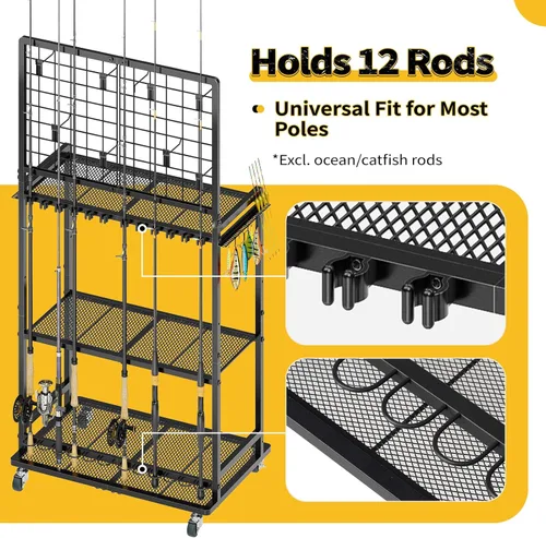 Vista 3 de SOYEEZE Soportes para cañas de pescar de gran tamaño para garaje, estante para cañas de pescar de servicio pesado de 3 niveles con tablero perforado