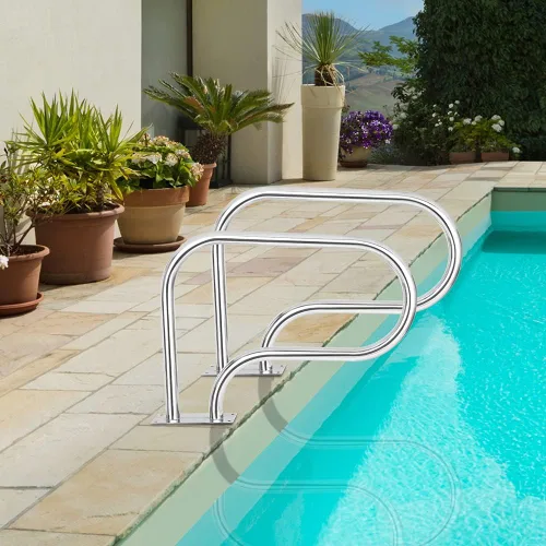Vista 4 de VINGLI 2 barandillas de mano de piscina doble de acero inoxidable, 3 curvas, para piscina enterrada con placa de soporte de montaje rápido, 32 x