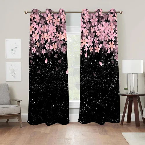Vista 3 de Renaiss Pink Cherry Patels - Cortinas opacas con aislamiento térmico de flores de cerezo japonés, cortinas de ventana de dormitorio con estampado