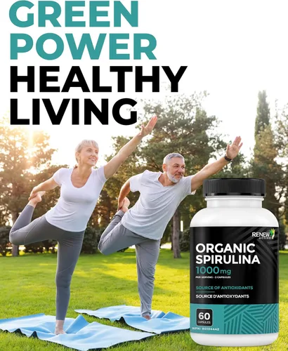 Vista 4 de Renew Actives Espirulina orgánica de 1000 mg por 2 cápsulas – Superalimento para hombres y mujeres – Apoya la energía, el bienestar y la función