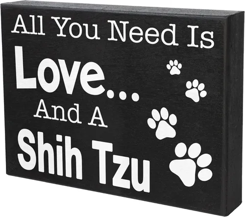 Vista 8 de JennyGems Regalos de Shih Tzu, letrero de madera con texto en inglés «All You Need Is Love and a Shih Tzu», decoración de estante y colgante
