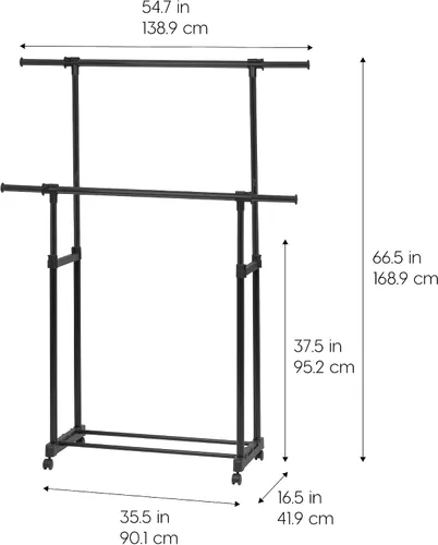 Vista 2 de IRIS USA Perchero portátil de doble barra ajustable con barra extensible y ruedas con bloqueo, ropa rodante, armario de doble barra, fácil