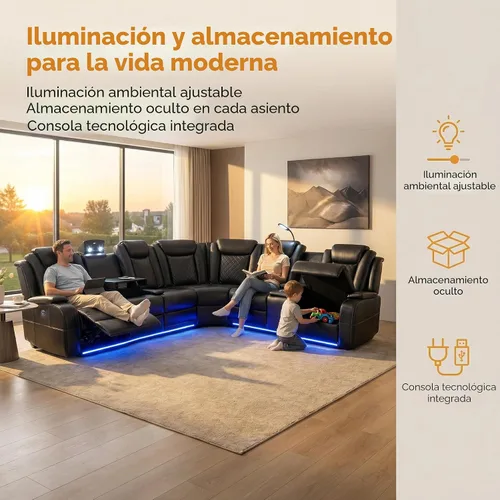 Vista 6 de FUOROLA Juego de sofá reclinable eléctrico con LED, sofá seccional reclinable de cuero transpirable para cine en casa con soporte para tazas Negro