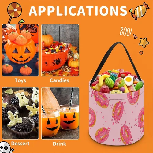 Vista 3 de Bolsas de asas con estampado de rosquillas dulces para Halloween, bolsa de regalo, cesta de caramelos, cubo portátil reutilizable